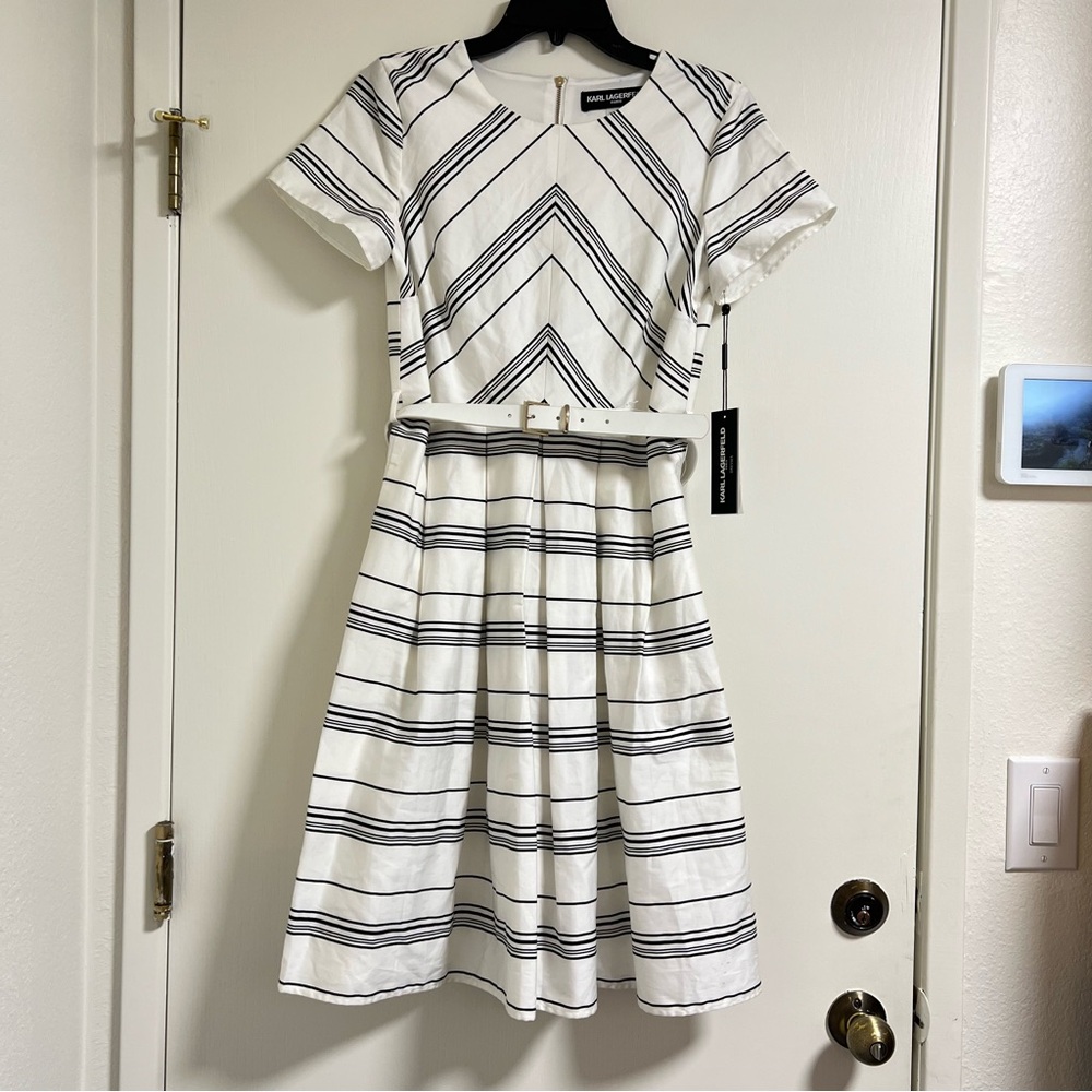 Karl Lagerfeld Paris Chevron Striped Belted Midi Dress Black & White Size 6 NWT - Picture 2 of 14
